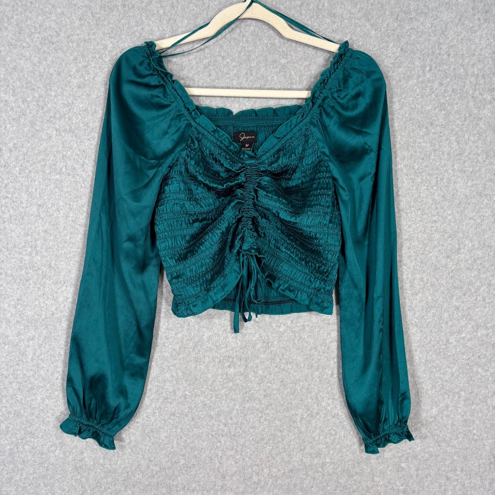 Satin Ruched Smocked Corset Top Medium Emerald Teal Milkmaid Feminine Romantic